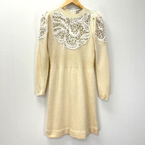 Vintage 80s Pat Sandler Wellmore Embellished Cream Sweater Dress Women’s 6 Zip - Picture 10 of 14
